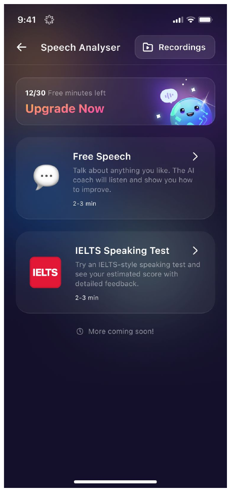 Speech Analyzer home screen showing Free Speech and IELTS Speaking Test modes