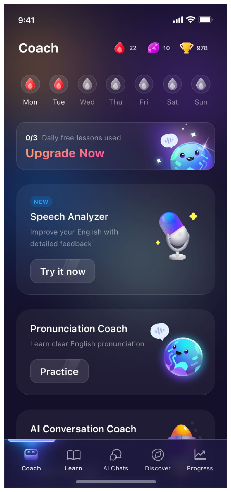 Coach tab showing the new Speech Analyzer card with Try it now button