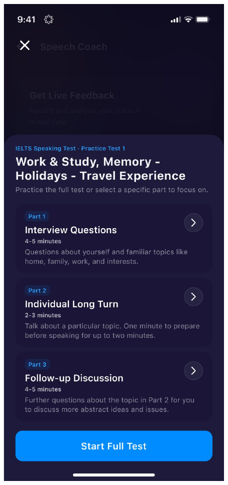 IELTS Speaking Test mode showing Parts 1, 2 and 3
