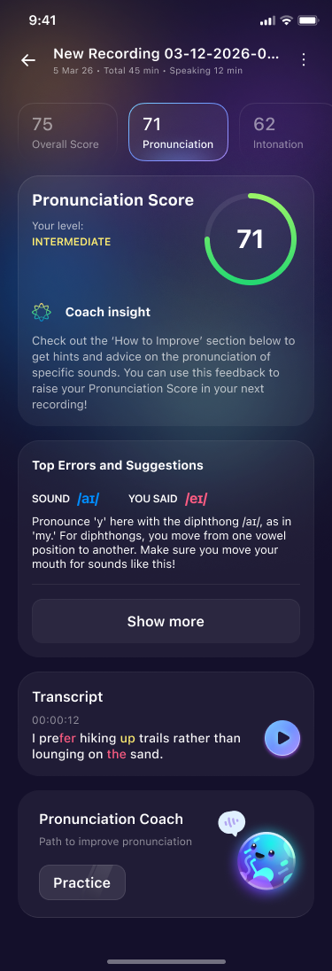 Pronunciation deep dive showing score and top errors