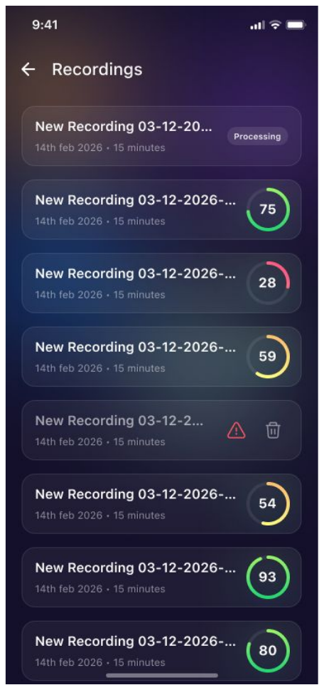 Recordings list showing multiple sessions with individual score rings